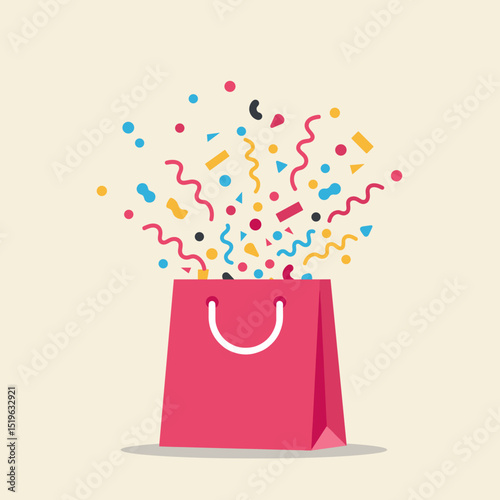 Colorful confetti bursts from an open pink shopping bag against a light background