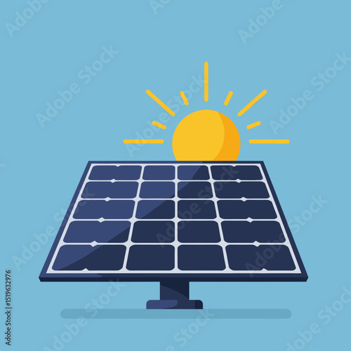 Solar panels absorbing sunlight with a bright sun rising in a clear blue sky