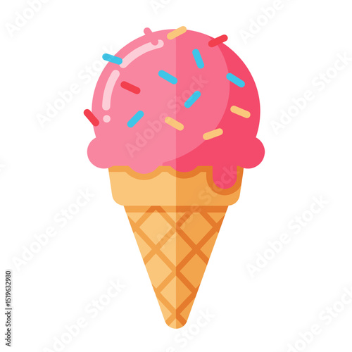 Colorful ice cream cone with pink scoop and sprinkles on a bright background