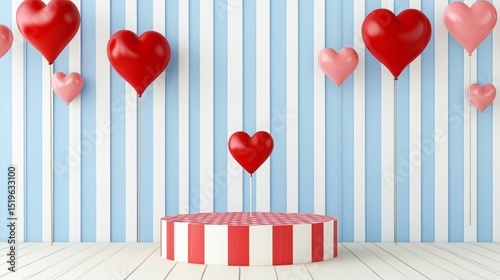 Father's Day celebration scene with blue podium, heart balloons, and love-themed decorations for product presentation and festive background design
