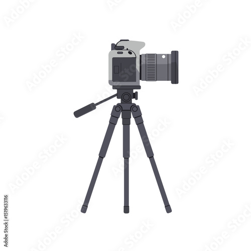 Professional camera on tripod capturing a scenic landscape at sunset with vibrant colors
