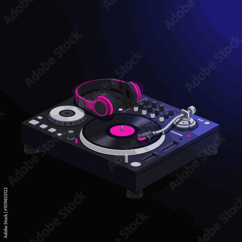 A vibrant DJ setup featuring a turntable and headphones against a dark gradient background