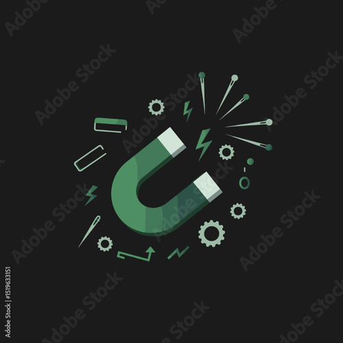 A green magnet attracting various metallic objects and tools in a dark background