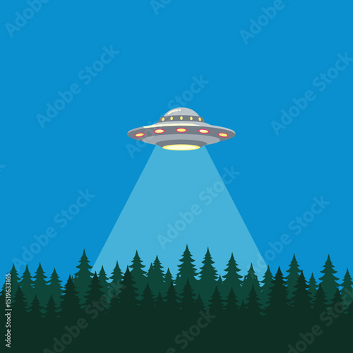 A colorful UFO hovering in a clear blue sky, casting a beam of light below