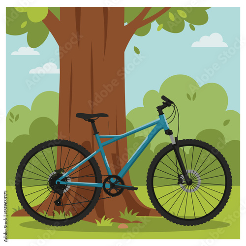 A vibrant mountain bike resting against a large tree in a sunny park setting