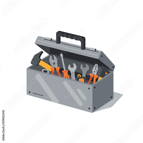 A detailed toolbox filled with various tools, set against a clean, white background