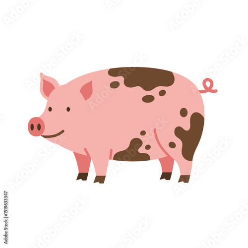 Cartoon pig with brown spots standing on a white background, ideal for children's media