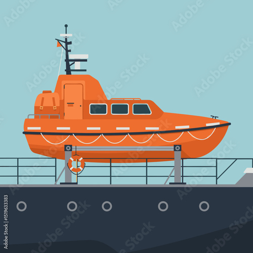 Bright orange rescue boat docked at a harbor, ready for action against a clear blue sky