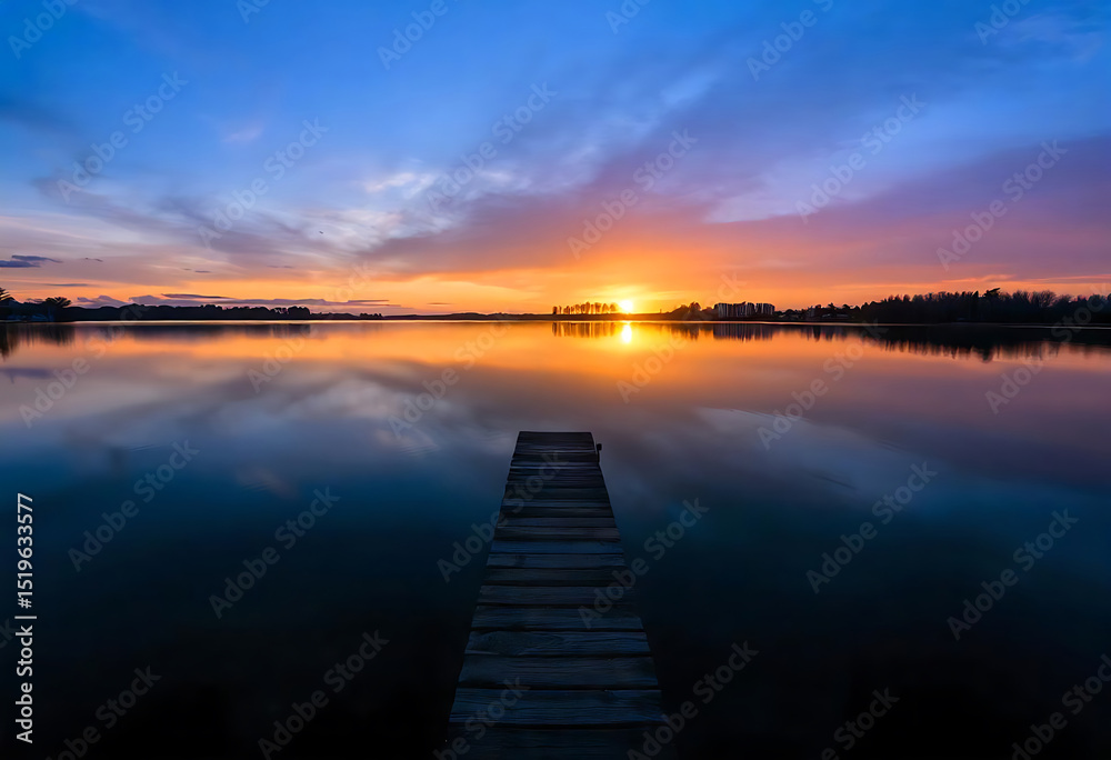 Fototapeta premium Stunning Sunset Over Calm Lake with Reflections and Dock