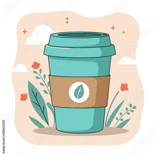 A vibrant coffee cup surrounded by whimsical floral elements and a serene sky