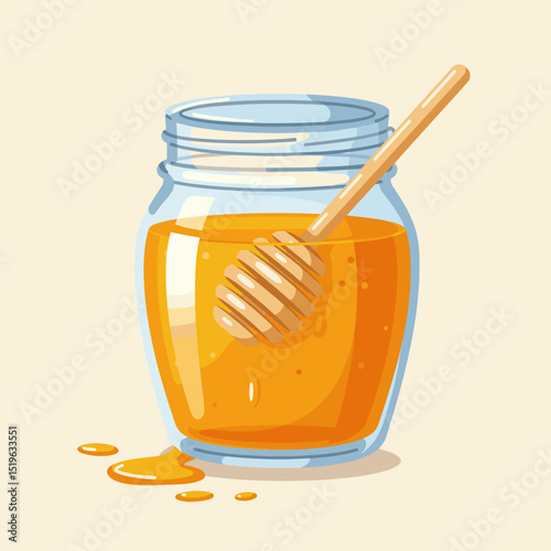 A glass jar filled with golden honey and a wooden dipper, set against a soft background