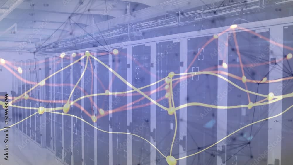 Upon clip opening server racks overlaying animated lines and nodes ...