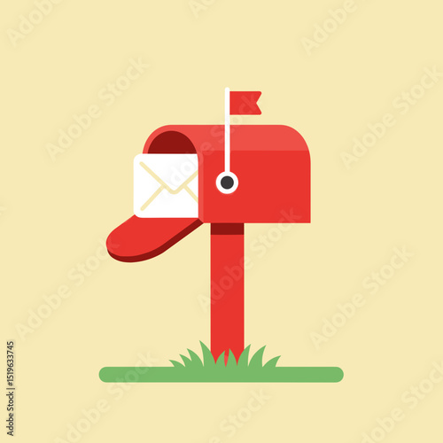 Bright red mailbox with an open lid displaying an envelope against a soft yellow background