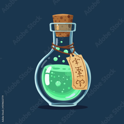 Colorful potion bottle with cork stopper and mystical label against a dark backdrop