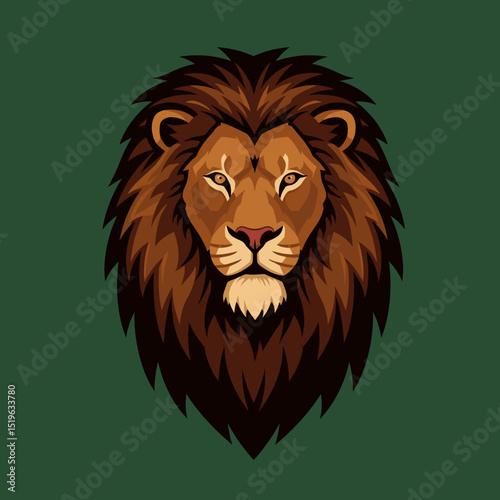 Majestic lion portrait with detailed fur and expressive eyes on a solid green background