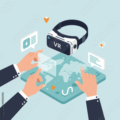 Hands interacting with a virtual reality headset above a world map, showcasing digital communication