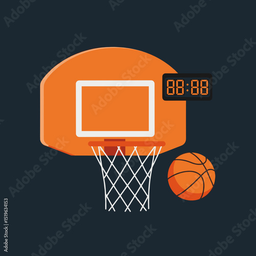 Basketball hoop with a ball and shot clock against a dark background, showcasing a sports moment