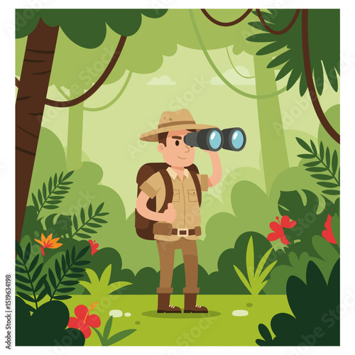 Explorer using binoculars in a lush jungle with vibrant foliage and wildlife