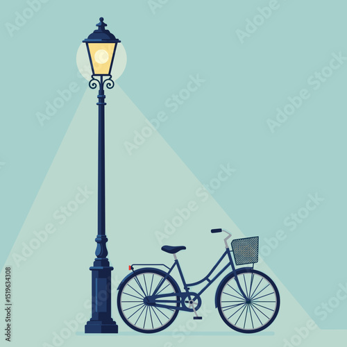 Vintage street lamp illuminating a serene urban scene against a pastel background