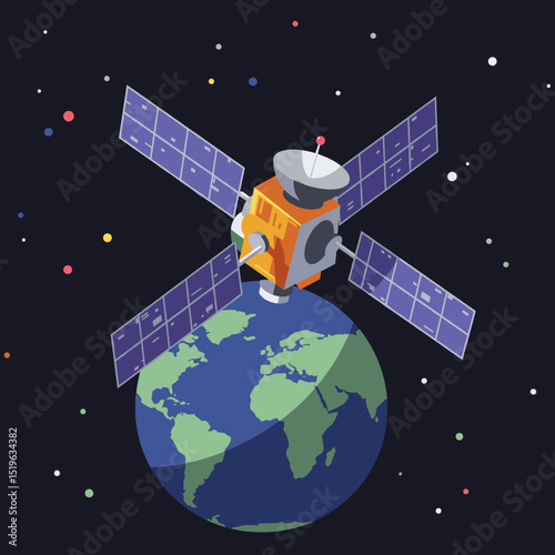 Colorful satellite orbiting Earth in space, showcasing technology and exploration