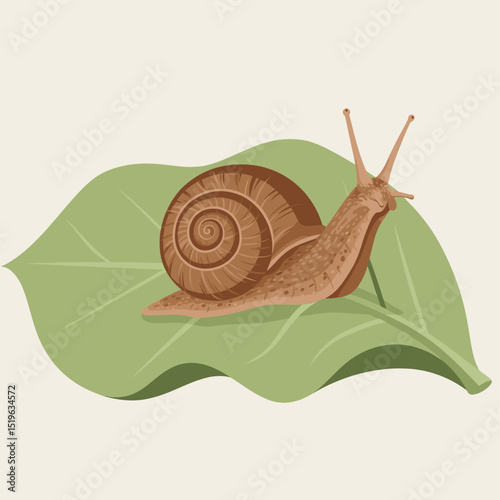 A detailed illustration of a brown snail resting on a green leaf in a serene setting