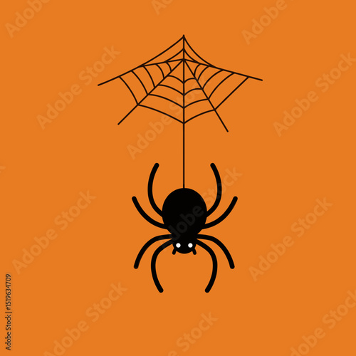A black spider hangs from a web against a vibrant orange background, evoking a spooky atmosphere