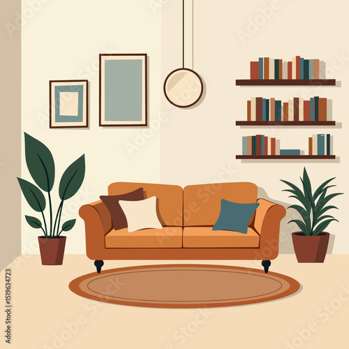 Curate a cozy and inviting living room with a comfortable orange sofa, multiple wall shelves displaying books and decor, lush indoor plants, and elegant framed art for a balanced and inspiring aesthet