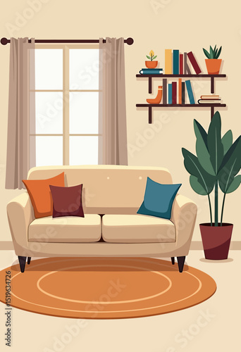 Create a serene and inviting living room with a comfortable beige sofa, stylish wall shelves adorned with books and decor, complemented by a vibrant indoor plant for a cozy and balanced aesthetic.
