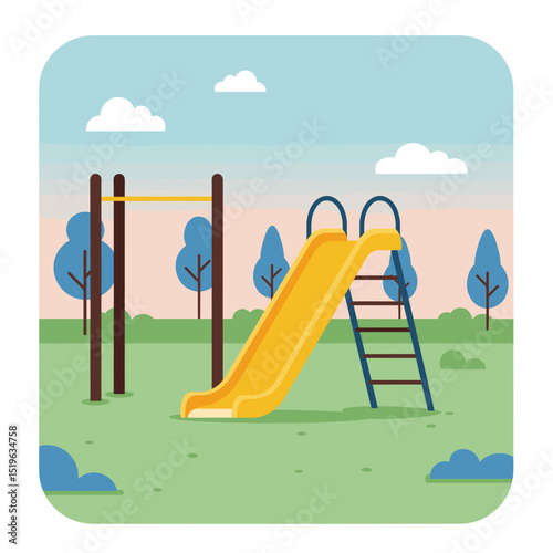 Colorful playground scene featuring a yellow slide and monkey bars under a blue sky