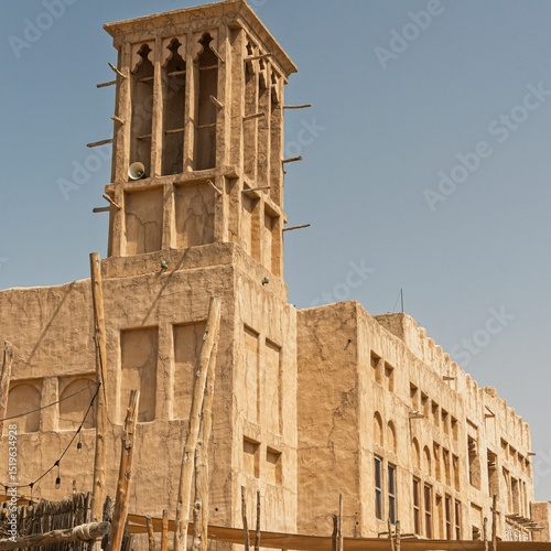 Photography Traditional Middle Eastern wind tower architecture in Dubai.