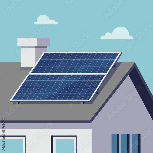 Solar panels installed on a modern rooftop with a clear blue sky and clouds