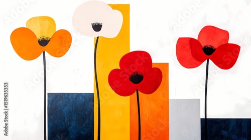Modern abstract art print featuring stylized poppies in vibrant colors against a geometric background. Ideal for home decor, wall art, and interior design.