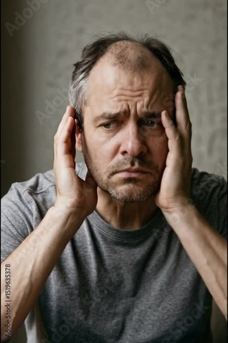 A man with a bald head is looking down with his hands on his head