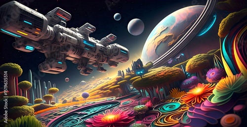 Fototapeta Naklejka Na Ścianę i Meble -  A colossal space station orbiting a distant, glowing planet with the colorful garden in quilling paper style.