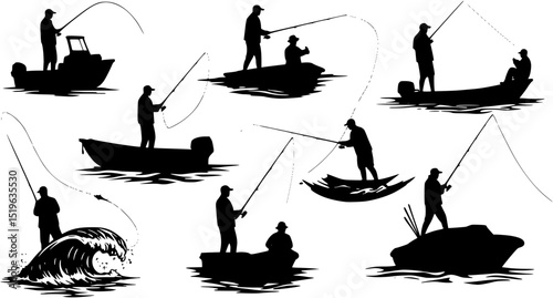 Set of silhouette fisherman. Collection of fishing man on the waves and of the boat. Emblem for fishing clubs. Vector illustration of sport hobby on white background.