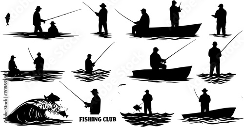 Set of silhouette fisherman. Collection of fishing man on the waves and of the boat. Emblem for fishing clubs. Vector illustration of sport hobby on white background.