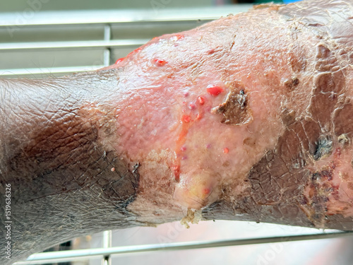 Infected leg with open wounds, blisters, scabs and peeling skin on dark skin surface. Close-up clinical photography. Skin disease and infection concept. Medical reference for diagnostics .
