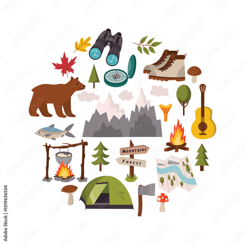 Fototapeta premium Camping-themed card with colorful outdoor elements arranged in a playful circle. Includes tent, backpack, map, fire, and more in flat cartoon style. Perfect for adventure or nature lovers.
