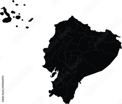 black silhouette map of ecuador with internal divisions for geographic illustration