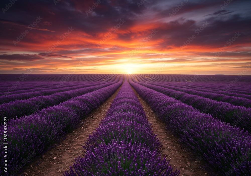 Obraz premium Lavender field at sunset with sun low on horizon over distant mountains. Beautiful violet flower rows extending to vanishing point. Serene nature landscape for wellness and relaxation.