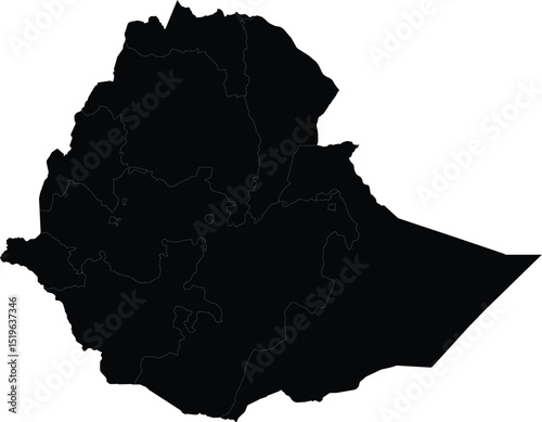 Black silhouette map of Ethiopia showcasing its geographical outline for educational and design use