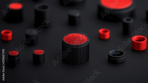 Close up of various small red and black industrial components, showcasing precision engineering and manufacturing details.
