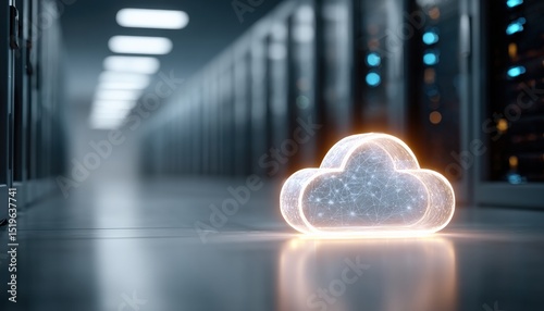 Glowing cloud symbol in a server room representing cloud computing and data storage technology solutions
