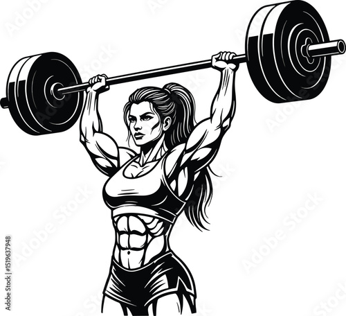 Strong and focused female weightlifter performing overhead pressing exercise with a barbell