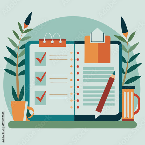  Open planner with checklist and coffee in vector design
