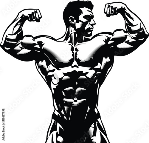 Strong and muscular bodybuilder flexing biceps in a bold black and white vector illustration