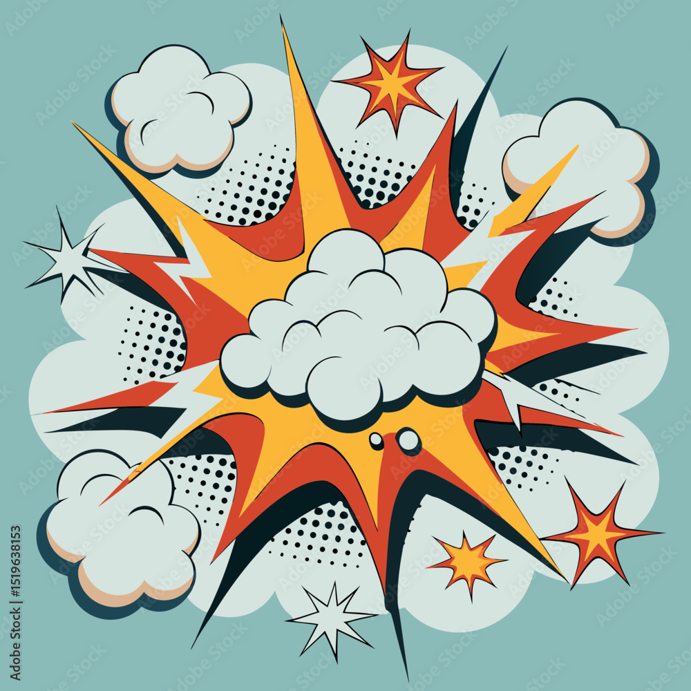 Naklejka premium Comic style explosion with clouds and stars in flat design