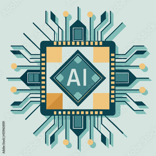 AI microchip in flat vector circuit design with lines
