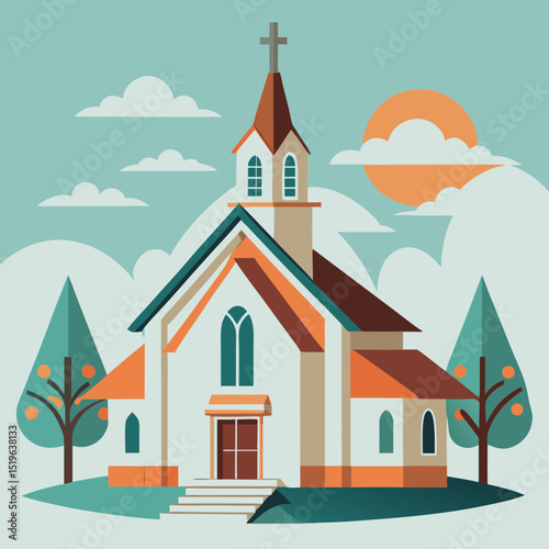 Church building in flat vector style with trees and sun