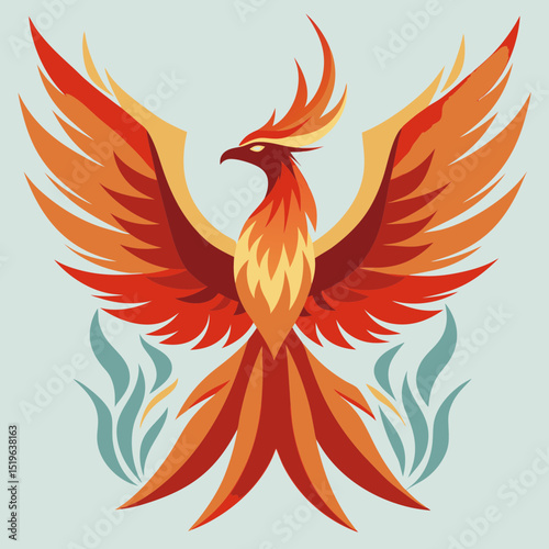 Phoenix bird with fiery wings in stylized flat vector design